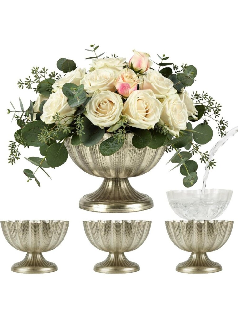 Vintage Silver Compote Vase 9” W 6.5” H for Elegant Wedding Centerpieces & Decor